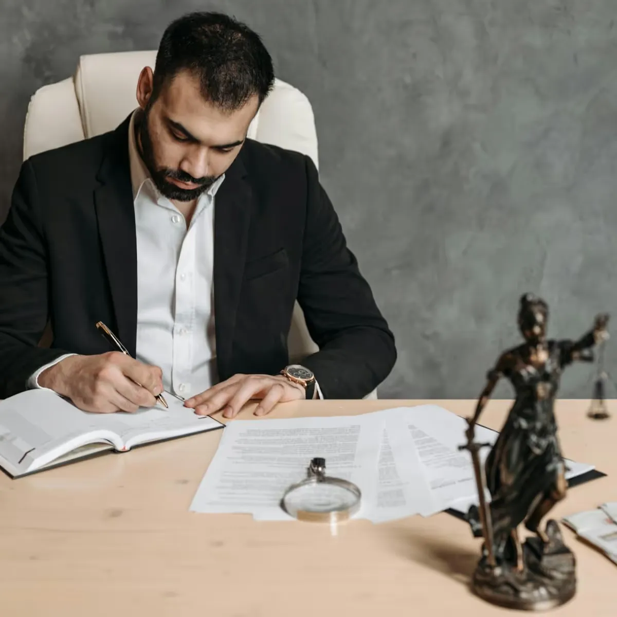 Anwalt prüft und unterzeichnet Dokumente – Immobiliengutachten für Nachlass- und Insolvenzverfahren